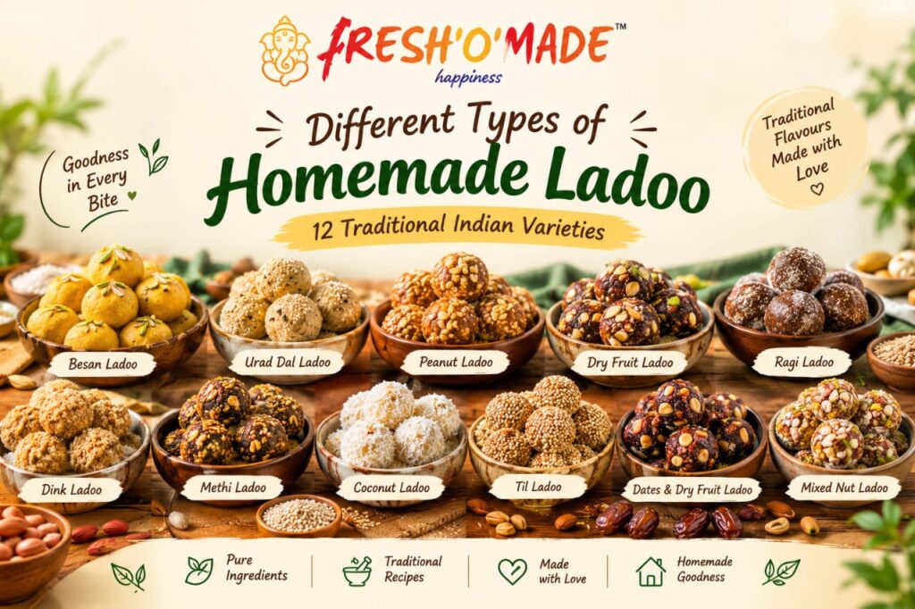Different types of homemade ladoo including besan,peanut,dry fruit and ragi ladoo